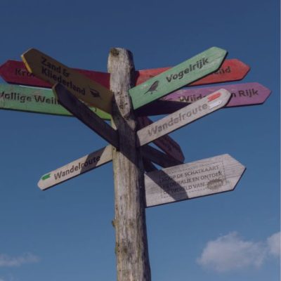 Ein Wegweise, der in verschiedene Richtungen zeigt, symbolisiert ein gemeinsames Leitbild für Teams und Organisationen.