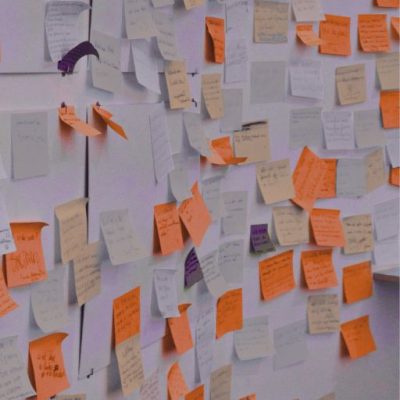 Eine Wand voller Post-Its steht für Kreativ- und Strategiemethoden.