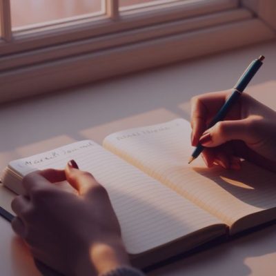 Eine Hand beschreibt eine leere Seite in einem Notizbuch und symbolisiert kreatives Schreiben.